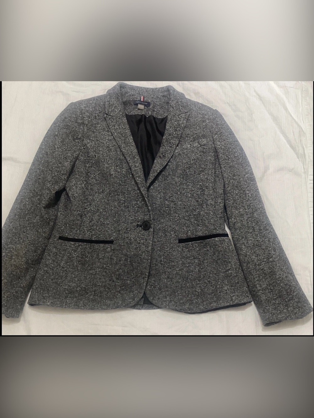 Tommy Hilfiger Women’s Blazer Sz 12 Gray Tweed Elbow Patch Jacket Preppy - Picture 4 of 11